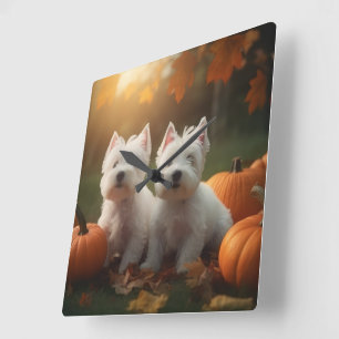 West Highland White Terrier Welpe Herbst Kürbis Quadratische Wanduhr