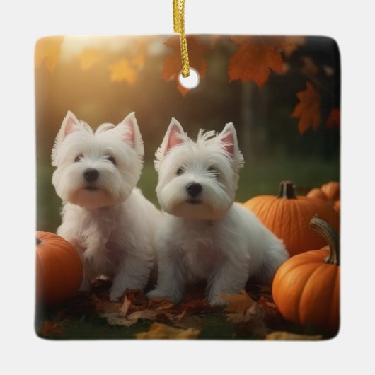 West Highland White Terrier Welppy Autumn Pumpkin Keramikornament (Vorderseite)