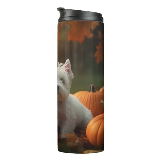West Highland White Terrier Welppy Autumn Pumpkin Thermosbecher (Nach rechts gedreht)