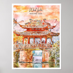 West Lake Hangzhou China Vintage Reise Aquarell Poster