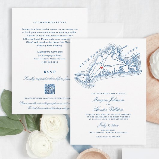 West Tisbury MA All-in-One Blue QR Code Wedding Einladung