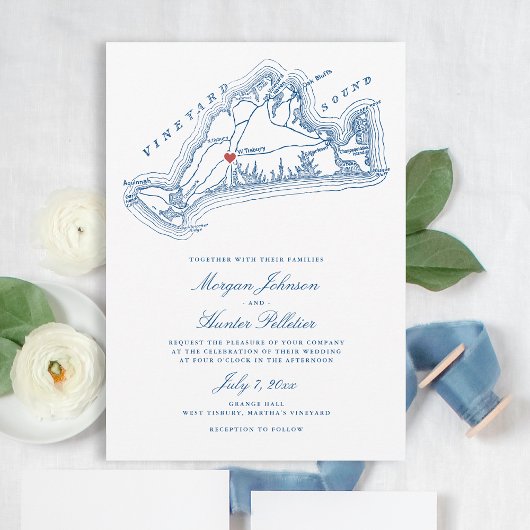 West Tisbury MA Map Elegant Navy Blue Wedding Einladung