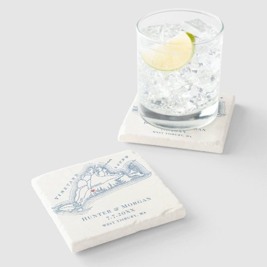 West Tisbury Map Blue Wedding Keepake Favor Steinuntersetzer (Seitenansicht)