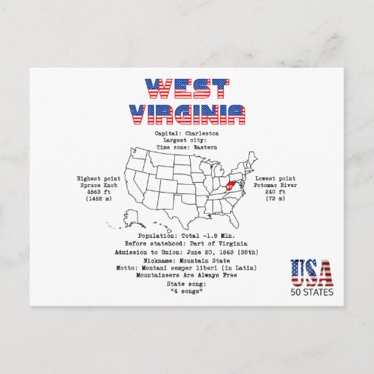 West Virginia American Staat auf einer Karte (Vorderseite)