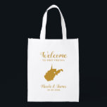West Virginia Map Wedding Welcome Bag, Gold Tasche Wiederverwendbare Einkaufstasche<br><div class="desc">Hochzeitswochenende Begrüßungsgeschenktasche für Gäste aus der Stadt,  um Ihre Hochzeit zu feiern,  mit dem Bild von West Virginia,  mit dem Herzen,  das Sie an der genauen Lage platzieren können. Fülle die Tasche mit deinen Lieblingsgoodies.</div>