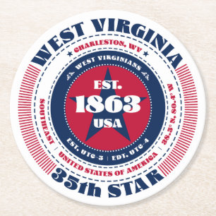 West Virginia Red White Blue Typografy Runder Pappuntersetzer