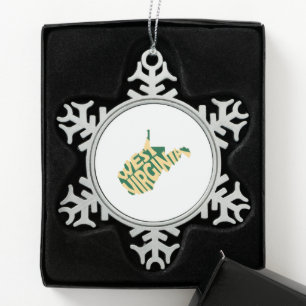 West Virginia Staat Name Word Art Schneeflocken Zinn-Ornament