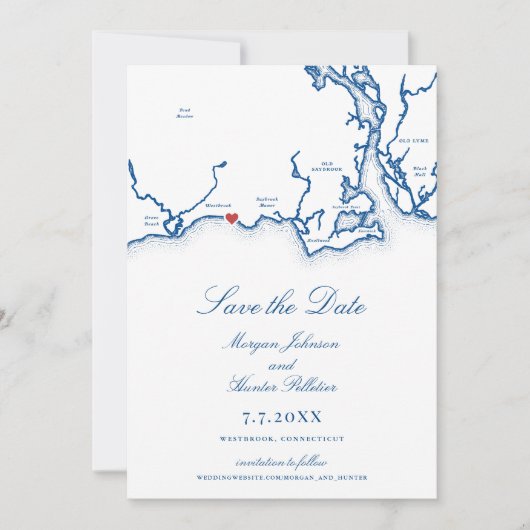 Westbrook CT Map Elegant Navy Blue Wedding Save The Date (Vorderseite)