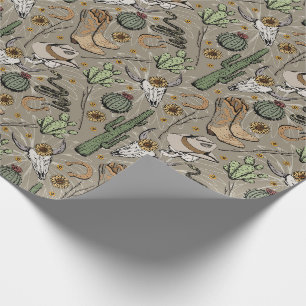 Western Americana Laughing Cowboy Skull und Cactus Geschenkpapier