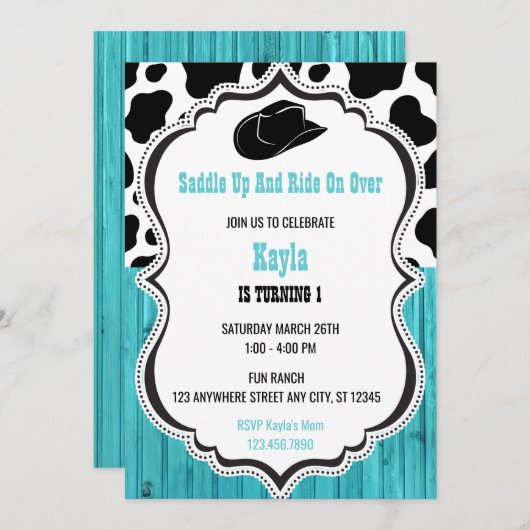 Western Aquamarin Wood Rodeo Geburtstag Einladung (Vorne/Hinten)