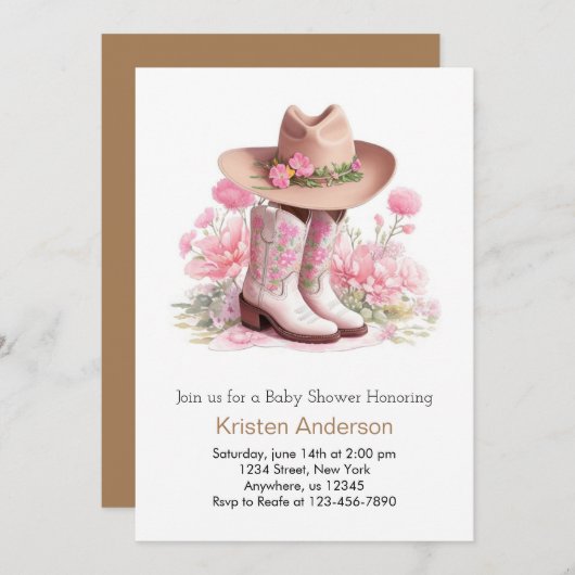 Western Aquarell Wildblume Cowgirl Babydusche Einladung (Vorne/Hinten)
