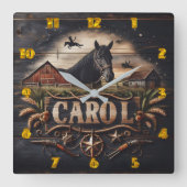 Western-Artwork mit Pferd und Stall Quadratische Wanduhr (Vorderseite)