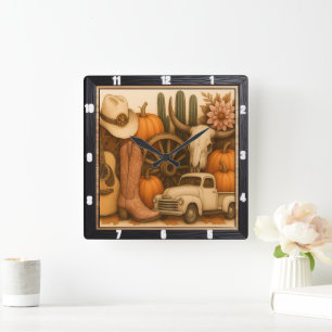 Western Autumn Rodeo Farm Quadratische Wanduhr
