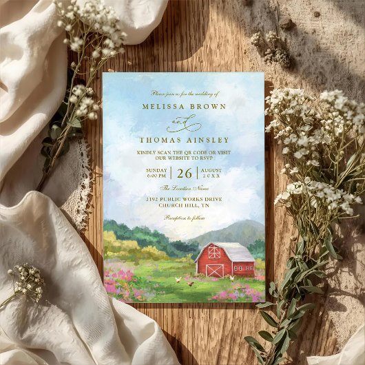 Western Barn Rustic Countryside QR Code Wedding Einladung