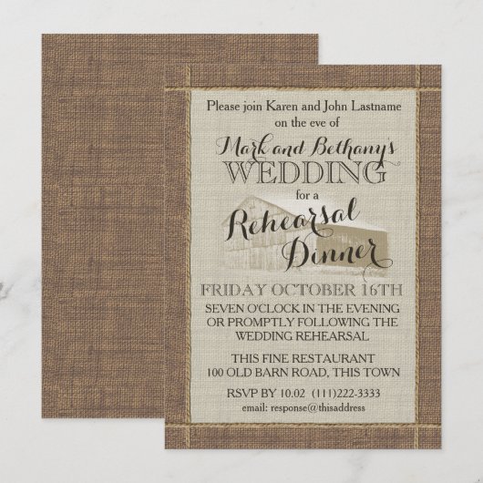 Western Barn und Burlap Probe Dinner Einladung (Vorne/Hinten)