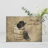Western Barrel and Boots Cowboy Wedding Einladung (Stehend Vorderseite)