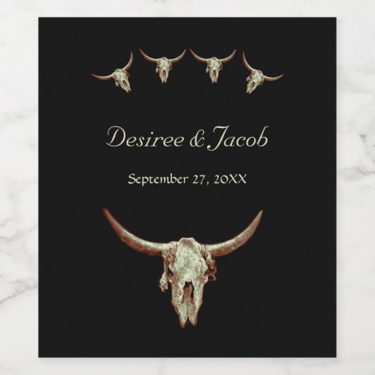 Western Black Rustic Wedding Kuh Bull Skull Weinetikett (Einzelnes Label)