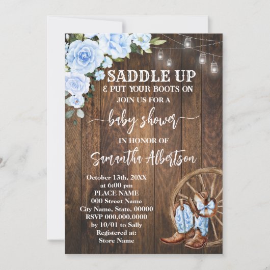 Western Blue Baby Dusche Country Boots Einladung (Vorderseite)