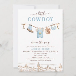 Western Blue Brown Clothesline Cowboy Baby Dusche Einladung