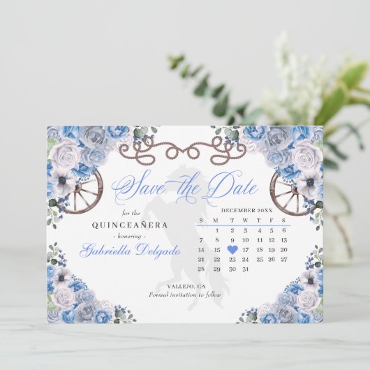Western Blue Charro Quinceañera Save the Date Einladung (Stehend Vorderseite)
