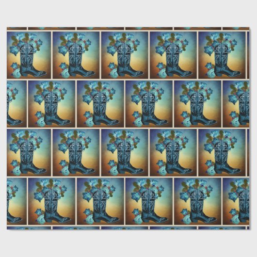 Western Blue Cowboy Boot mit Rose auf Sonnenunterg Geschenkpapier (Flach)