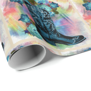 Western Blue Cowboy Boot mit Rose auf Wasserfarbe Geschenkpapier