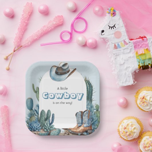 Western Blue Little Cowboy Rodeo Kinderdusche Pappteller (Party)