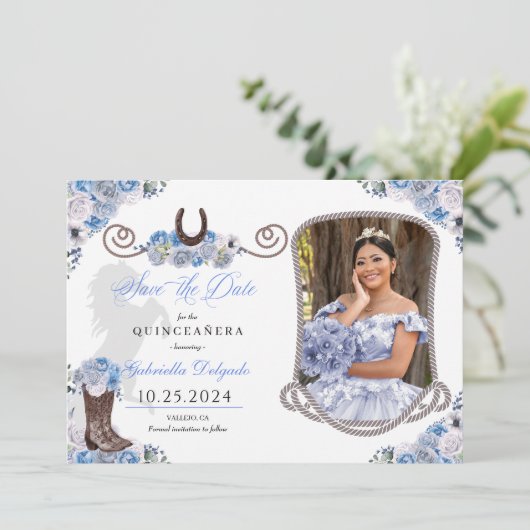 Western Blue Quinceañera Save the Date Foto Einladung (Stehend Vorderseite)