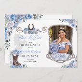 Western Blue Quinceañera Save the Date Foto Einladung (Vorne/Hinten)