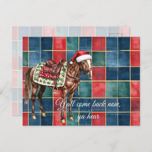Western Blue Red Horse Frohe Weihnachten Y'all Postkarte (Vorne/Hinten)