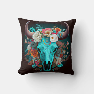 Western Boho Blume Türkis Kuh Bull Skull Kissen