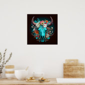 Western Boho Blume Türkis Kuh Bull Skull Poster (Küche)
