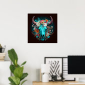 Western Boho Blume Türkis Kuh Bull Skull Poster (Heimbüro)