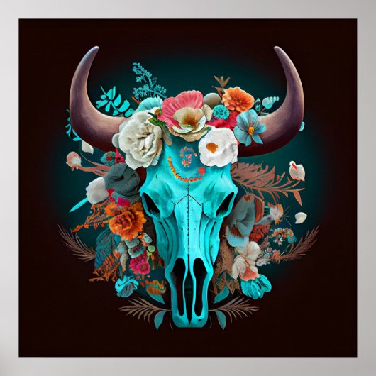 Western Boho Blume Türkis Kuh Bull Skull Poster (Vorne)