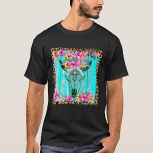 Western Boho Blume Türkis Kuh Bull Skull Rode T-Shirt