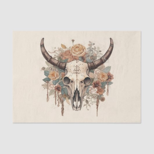 Western Boho Bull Skull Blumendekoupage Seidenpapier (Vorderseite)