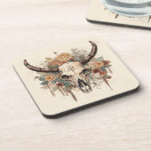 Western Boho Bull Skull Floral Getränkeuntersetzer (Linke Seite)