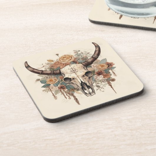 Western Boho Bull Skull Floral Getränkeuntersetzer (Linke Seite)