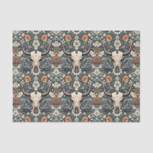 Western Boho Bull Skull Floral Seidenpapier (Vorderseite)