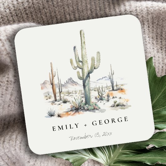 Western Boho Cactus Desert Landscape Wedding Rechteckiger Pappuntersetzer
