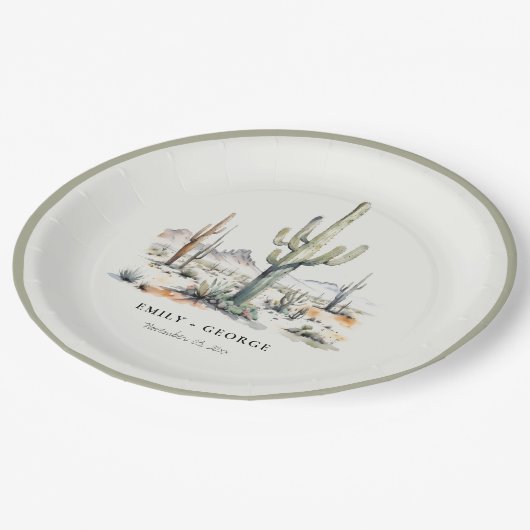 Western Boho Cactus Wüste Landscape Wedding Pappteller (Schrägansicht)