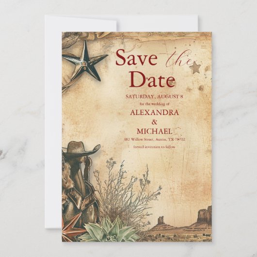 Western Boho Cactus Wüste Landscape Wedding Save The Date (Vorderseite)