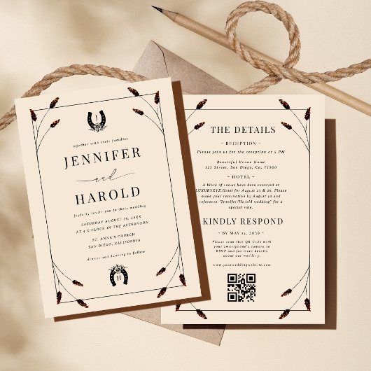 Western Boho Horseshoe Monogram All in one Wedding Einladung