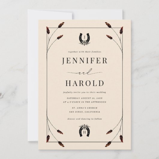 Western Boho Horseshoe Monogram All in one Wedding Einladung (Vorderseite)