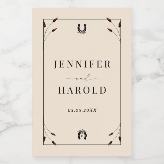 Western Boho Horseshoe Monogram Rustic Wedding Weinetikett (Einzelnes Label)