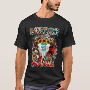 Western Boho Kariert Leopard Kuh Bull Skull Merry T-Shirt