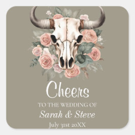 Western Boho Kuh Bläschen Schädelsage Hochzeit Quadratischer Aufkleber