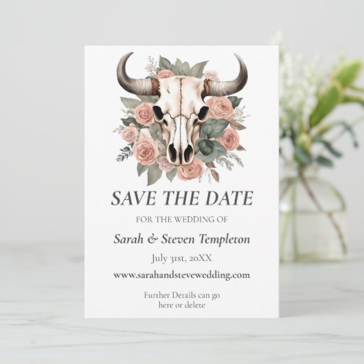 Western Boho Kuh Bläschen Schädelsage Hochzeit Save The Date (Stehend Vorderseite)