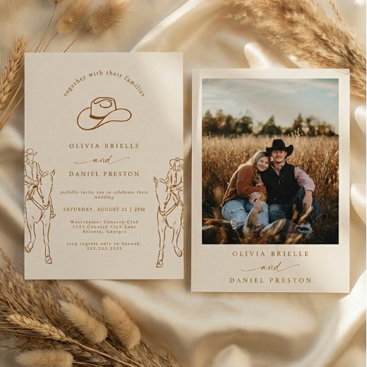 Western Boho Pampas Grass Cowboy Photo Wedding Einladung