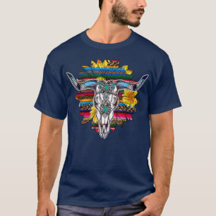 Western Boho Sonnenblumen Türkis Kuh Bull Skull T-Shirt
